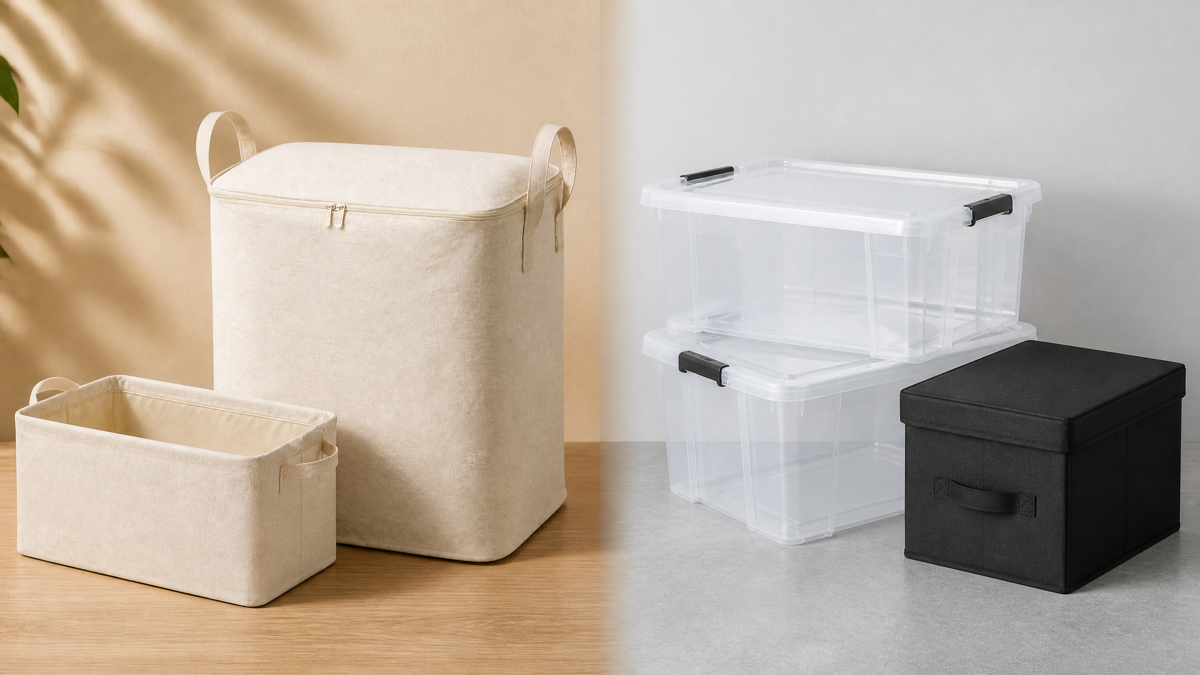 Natural cotton-linen storage beside clear plastic bins — a warm versus cool comparison of fabric and plastic storage materials