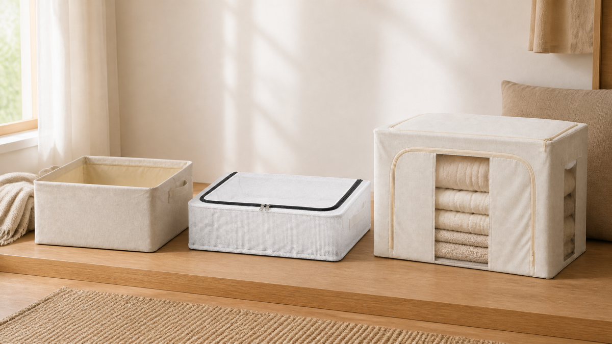 kinfoldhome storage products by capacity: 26L foldable closet organizer, 30L underbed shoe organizer and 66L dual-window storage box on a light oak floor