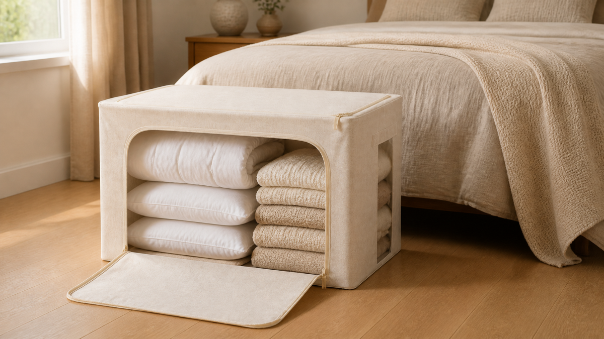 66L kinfoldhome storage box at the foot of a bed with its front panel open showing a folded duvet, pillows and folded sweaters inside