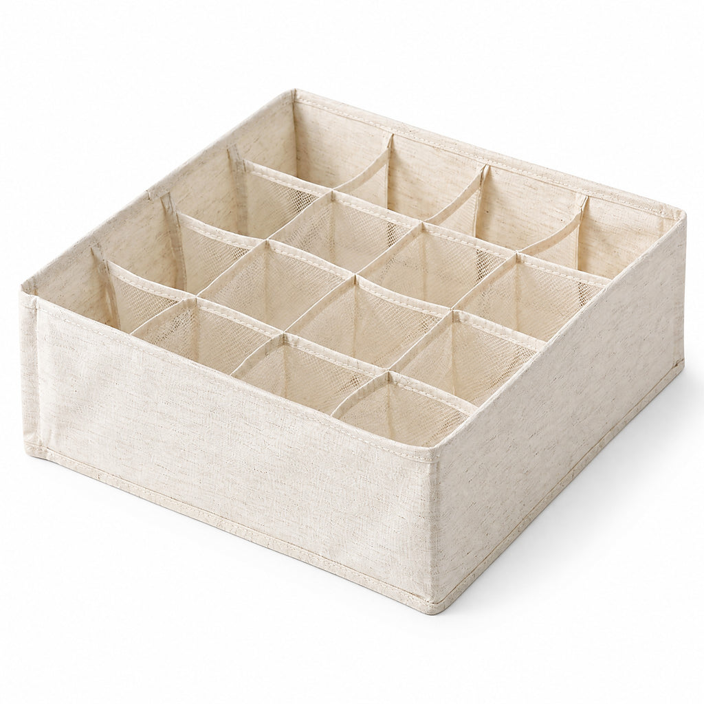16-grid cotton-linen drawer organizer — front view
