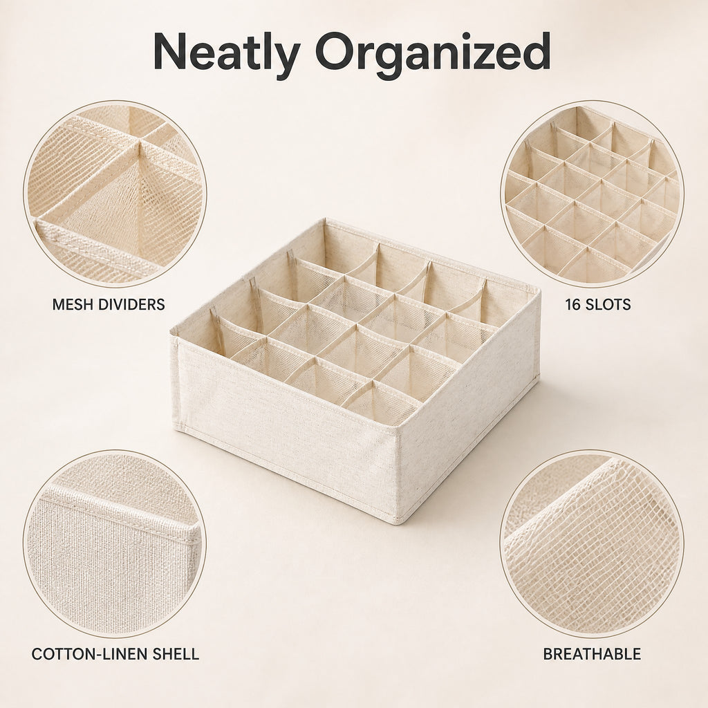 Product details: 16 grids, cotton-linen fabric, foldable design