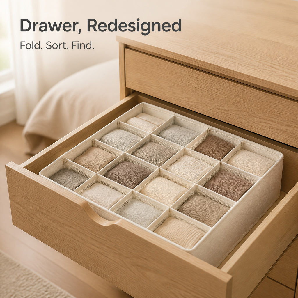 Organizer inside a dresser drawer with folded items