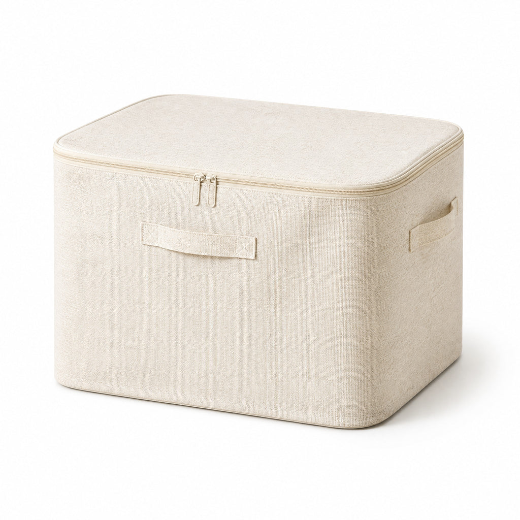 Foldable cotton-linen storage box with zipper in beige — front view