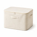 Foldable cotton-linen storage box with zipper in beige — front view