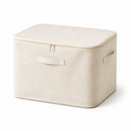 Foldable cotton-linen storage box with zipper in beige — front view