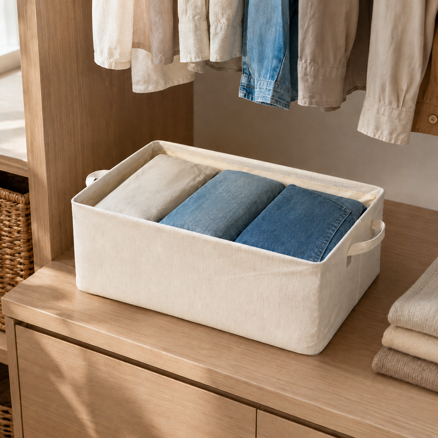 Kinfold 26L clothing organizer with structured cotton-linen frame and clear window