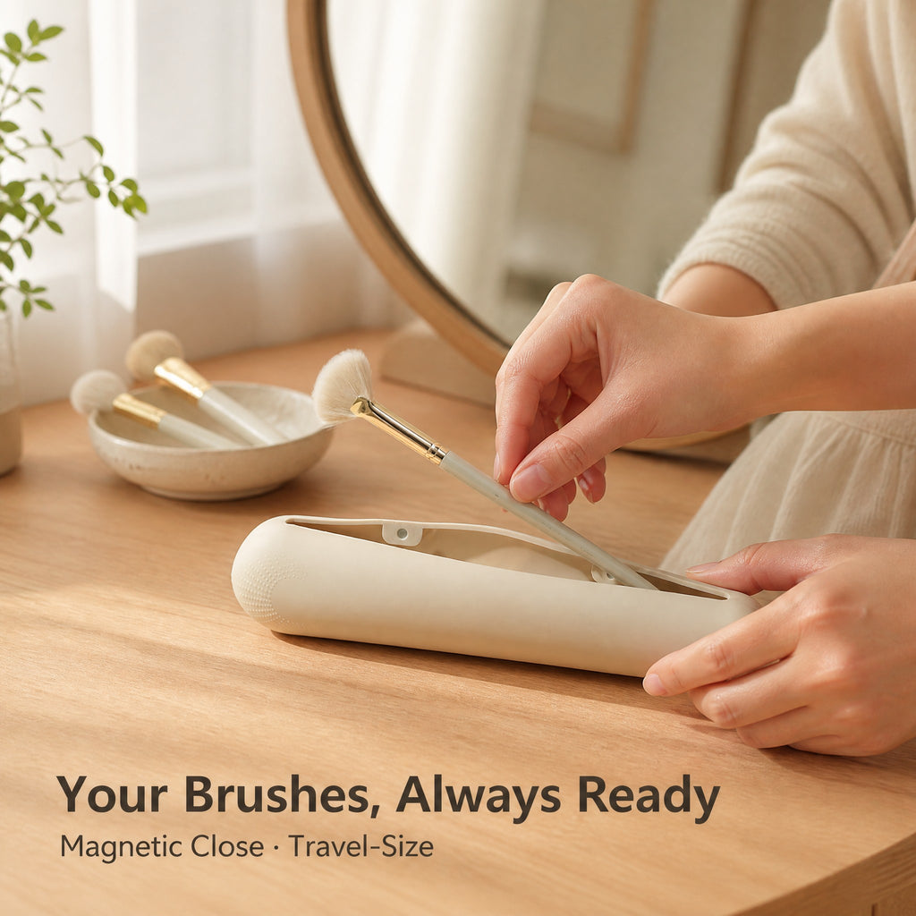 Makeup brush holder on a vanity with brushes