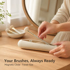 Makeup brush holder on a vanity with brushes