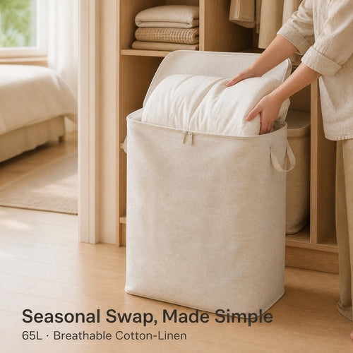 65L comforter storage bag upright in a bedroom closet