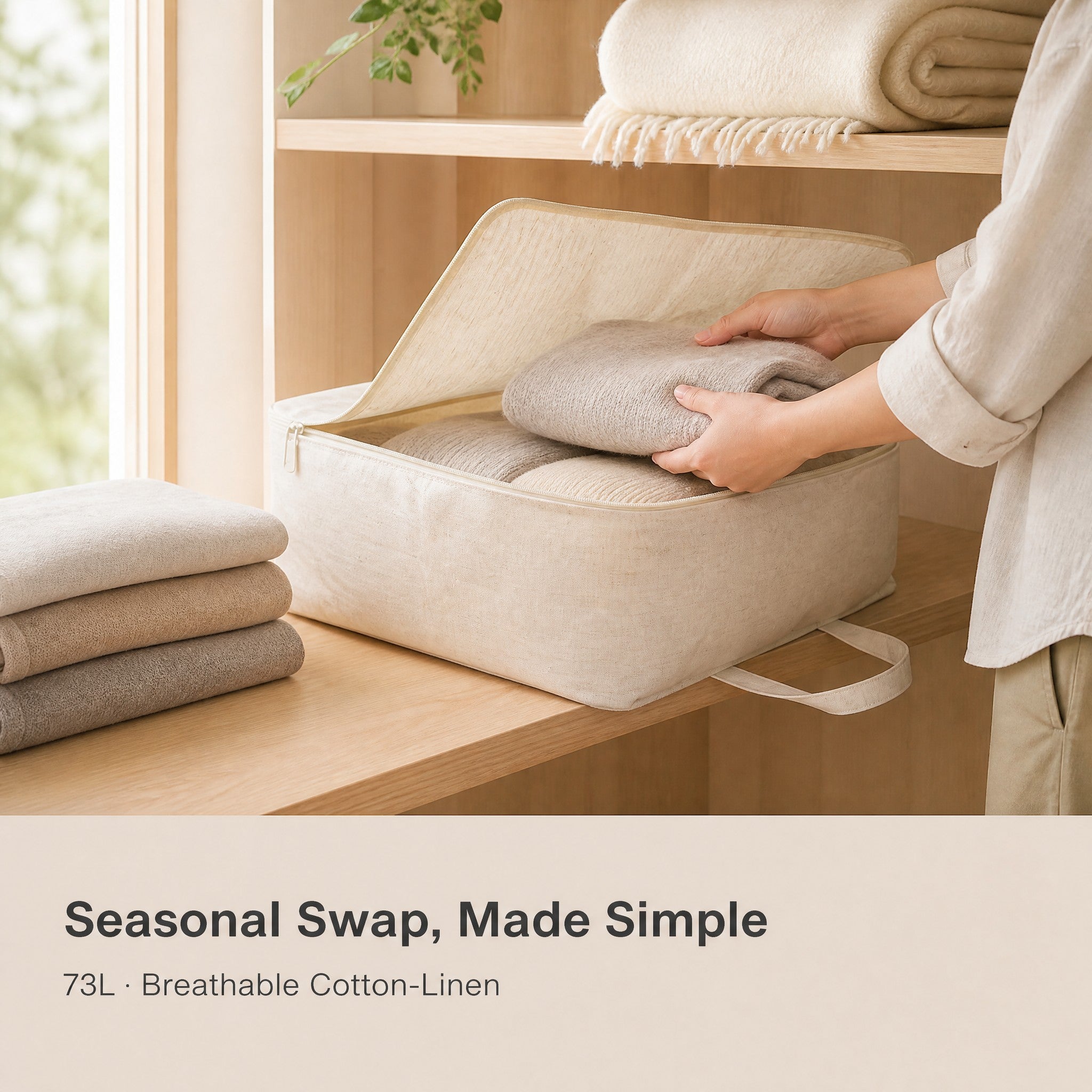 Storage bag in a bedroom organizing seasonal comforters
