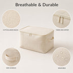 Product details: laminated fabric, reinforced handles, stackable design