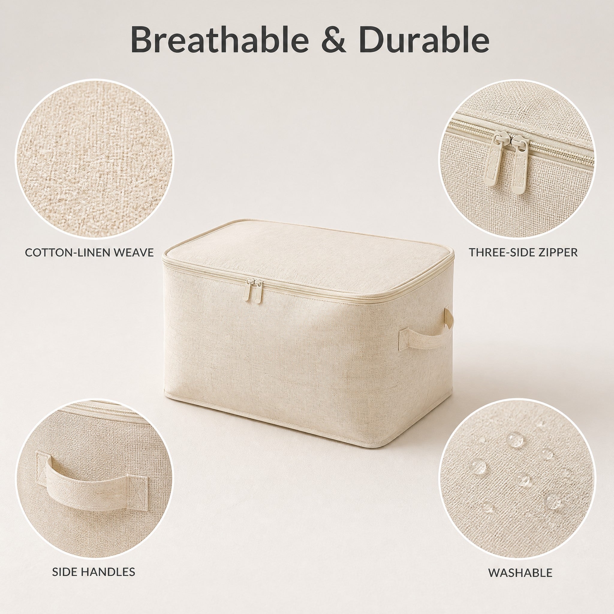 Product details: laminated fabric, reinforced handles, stackable design