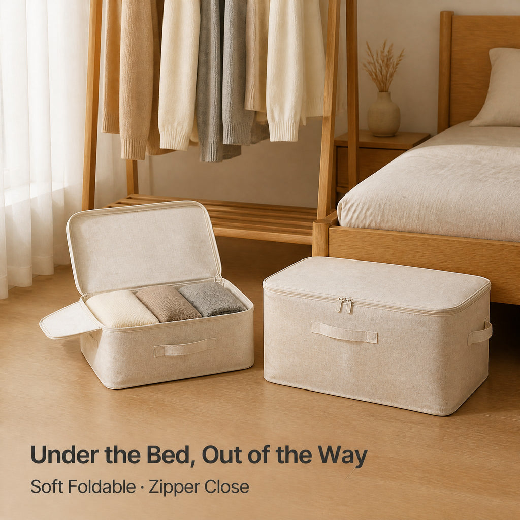 Storage box under a bed organizing bedding and clothing