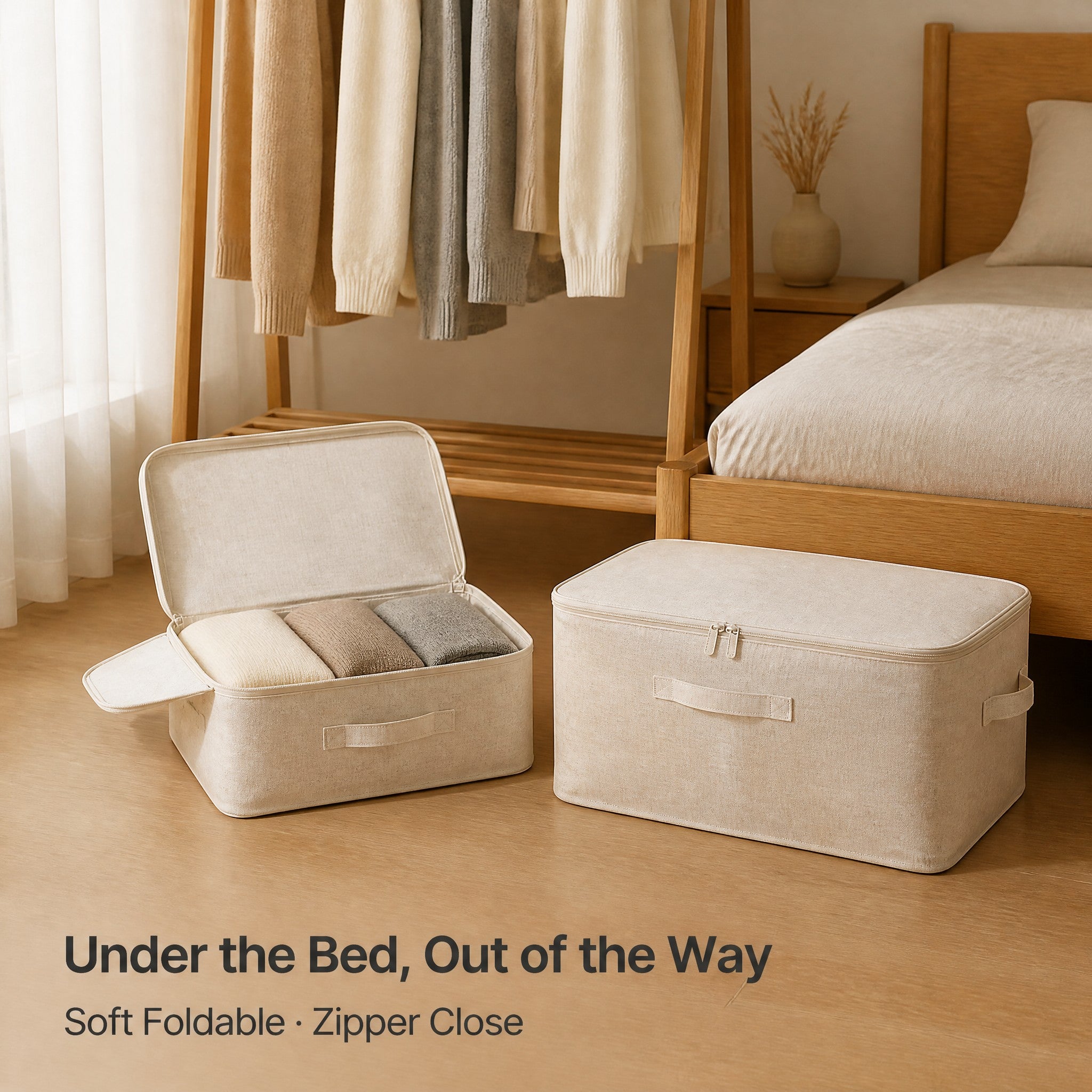Storage box under a bed organizing bedding and clothing