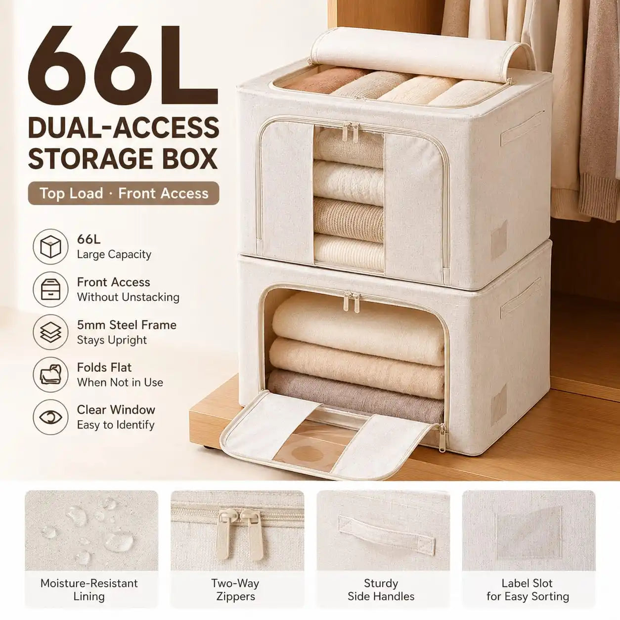 Kinfold 66L Dual-Access Storage Box — Top Load & Front Access, Cotton-Linen