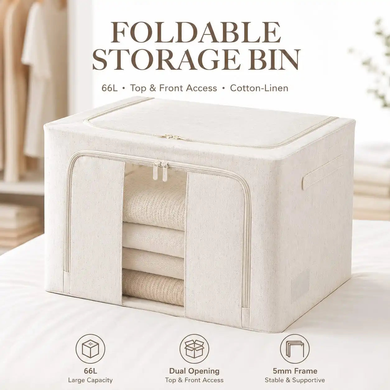 Foldable 66L Storage Bin with Top and Front Opening, Cotton-Linen Fabric