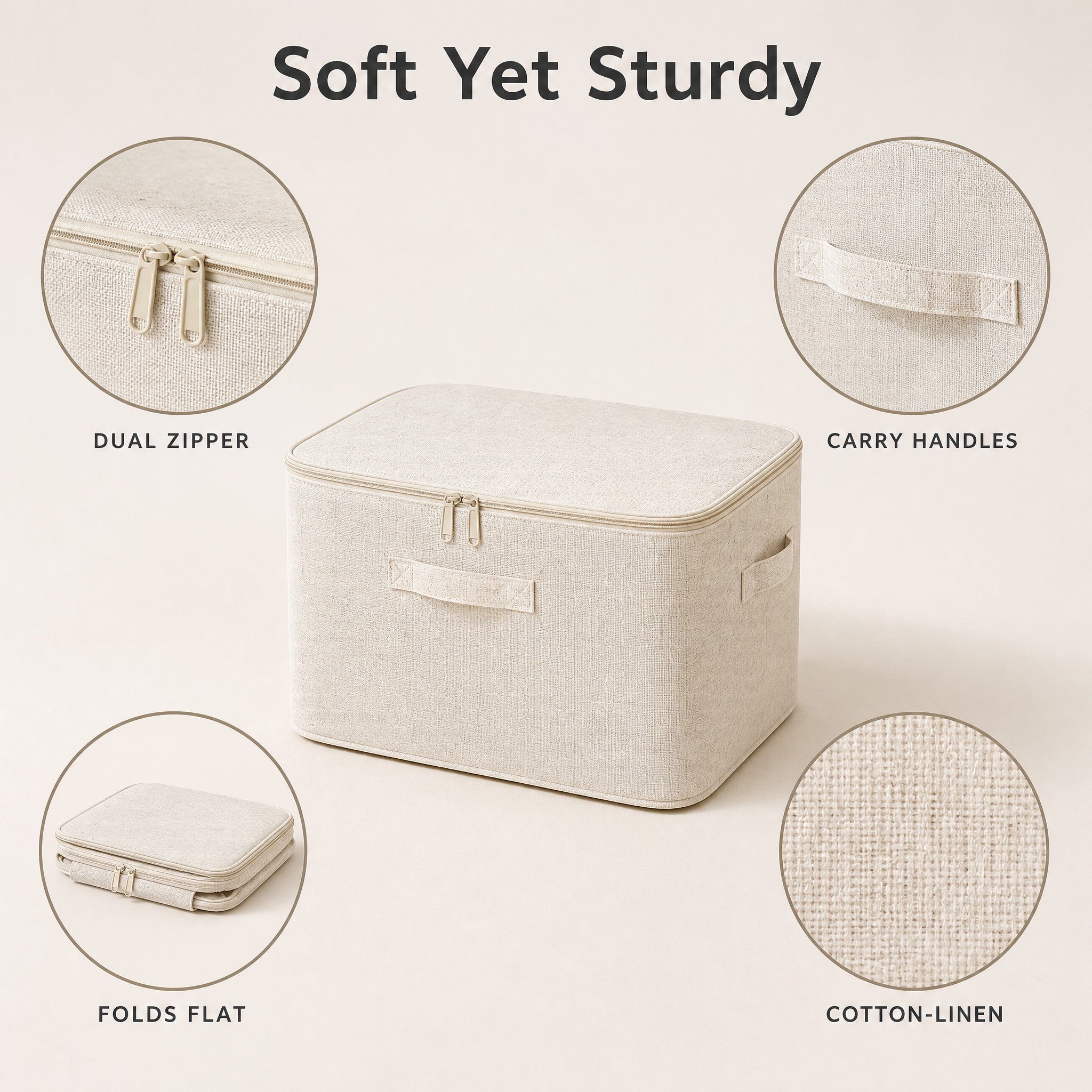 Product details: full-length zipper, cotton-linen fabric, PE lamination, fabric handles