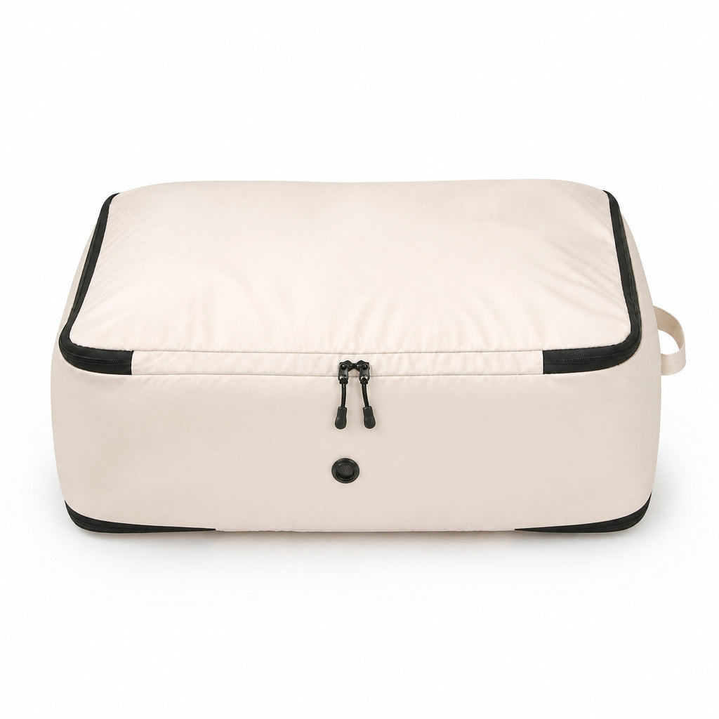 Down jacket storage bag with air vent in beige — front view