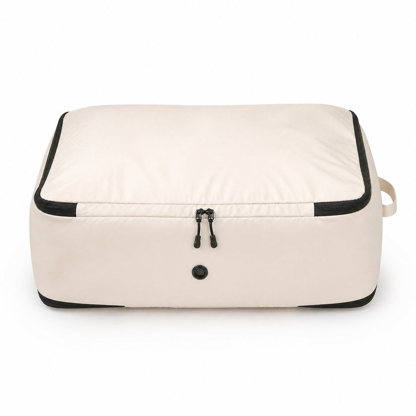 Down jacket compression storage bag with air vents — front view